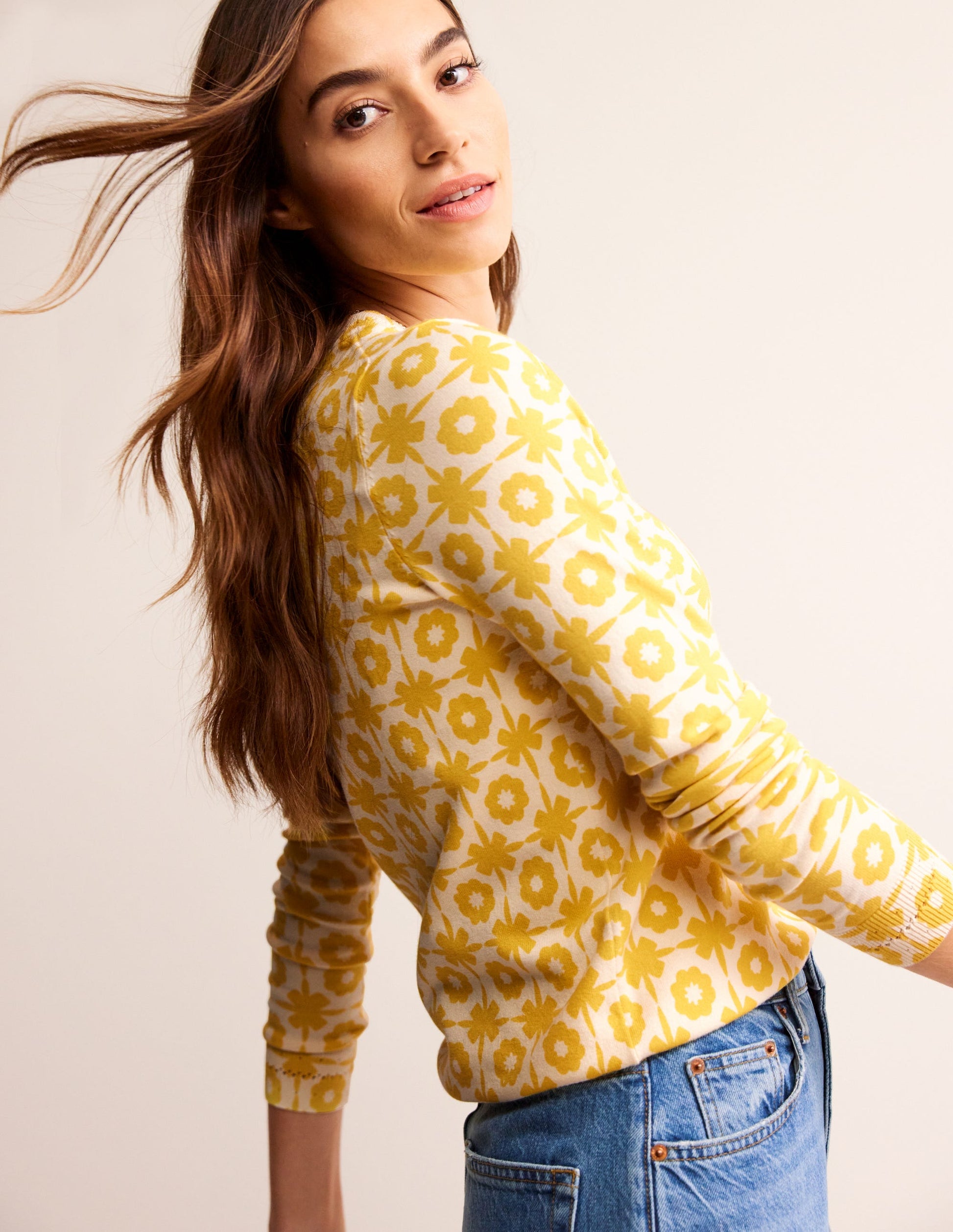 Catriona Cotton Crew Jumper-Mimosa Yellow Print-1