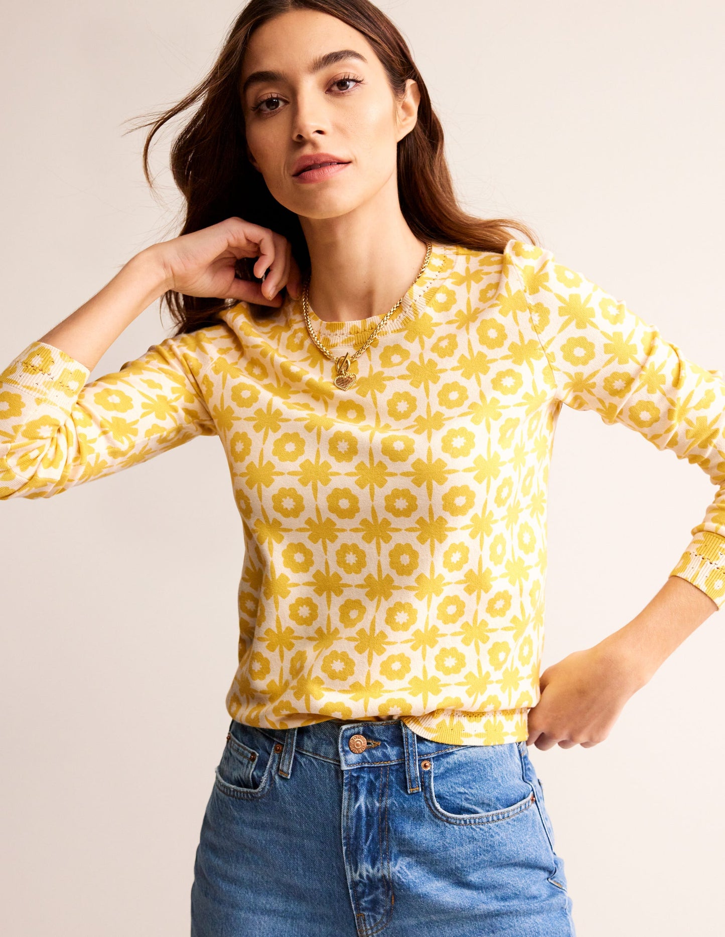 Catriona Cotton Crew Jumper-Mimosa Yellow Print