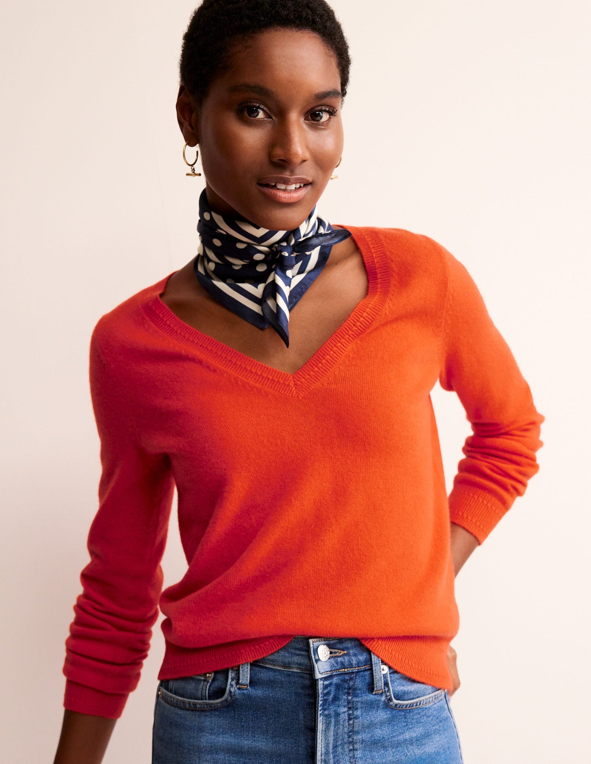 Eva Cashmere V-neck Jumper-Fiesta Orange-1