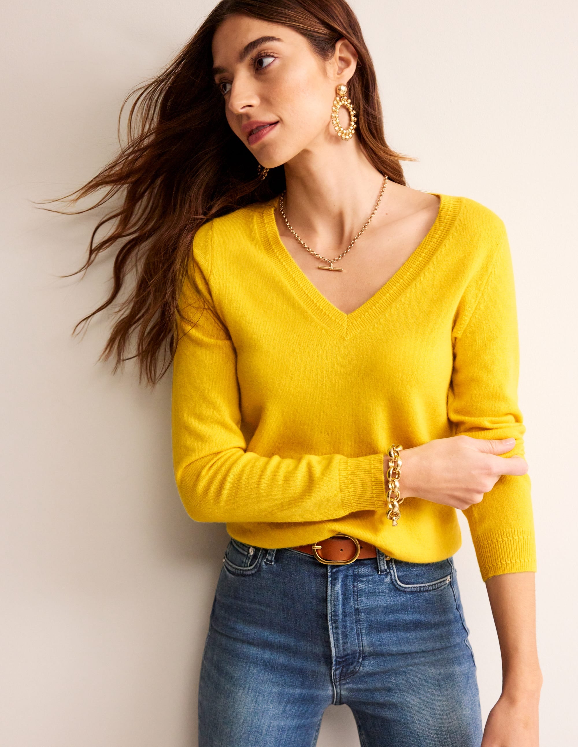 Eva Cashmere V-neck Jumper-Pineapple Yellow - Image 4