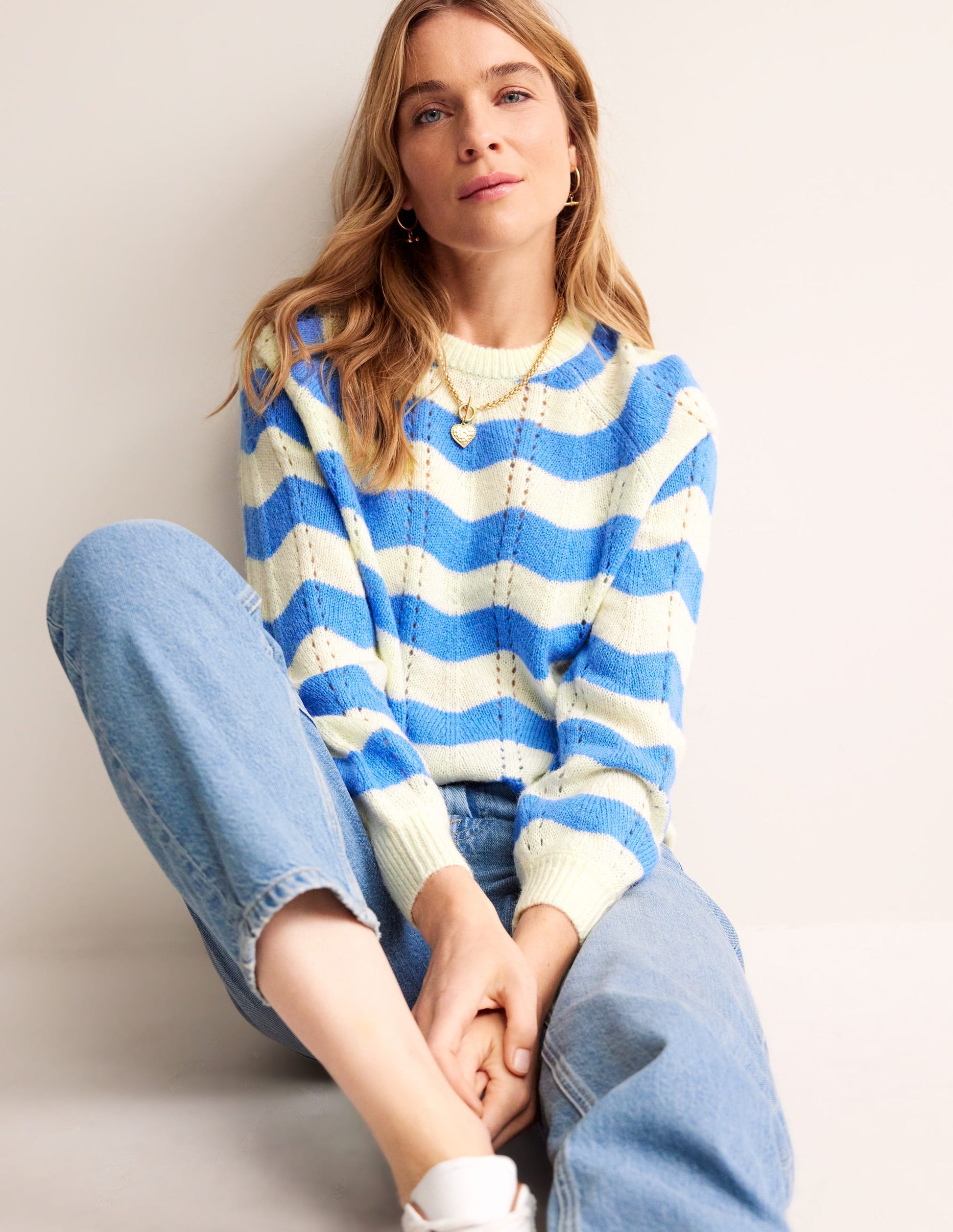 Fluffy Wave Jumper-Bright Blue, Warm Ivory Wave-1