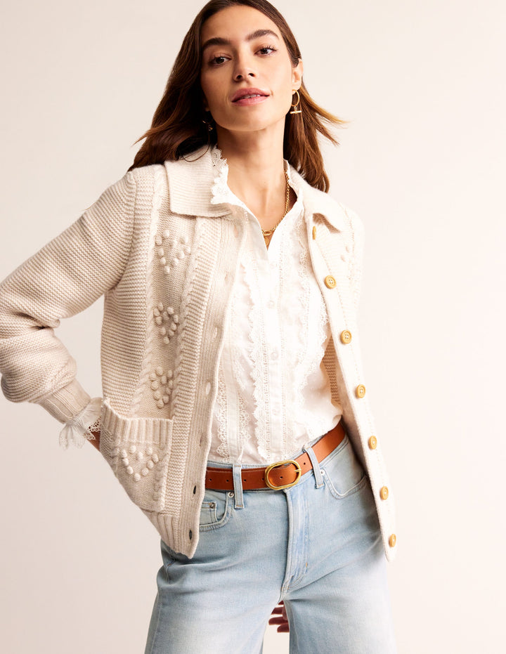Chunky Bobble Heart Cardigan-Ecru Marl