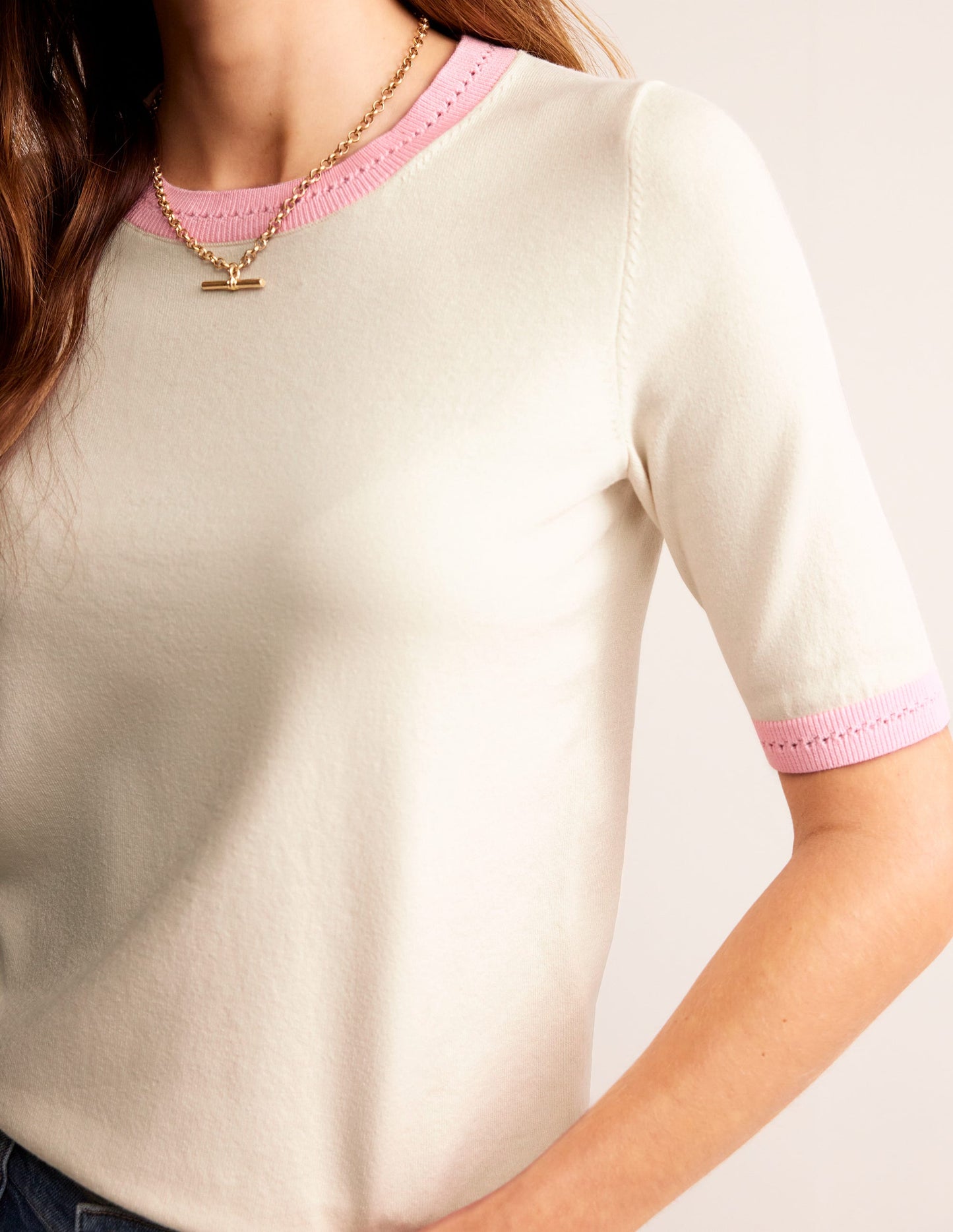 Catriona Cotton Crew T-Shirt-Warm Ivory/Spring Blossom Pink