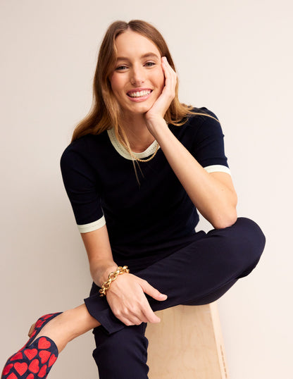 Catriona Cotton Crew T-Shirt-Navy/ Warm Ivory-4