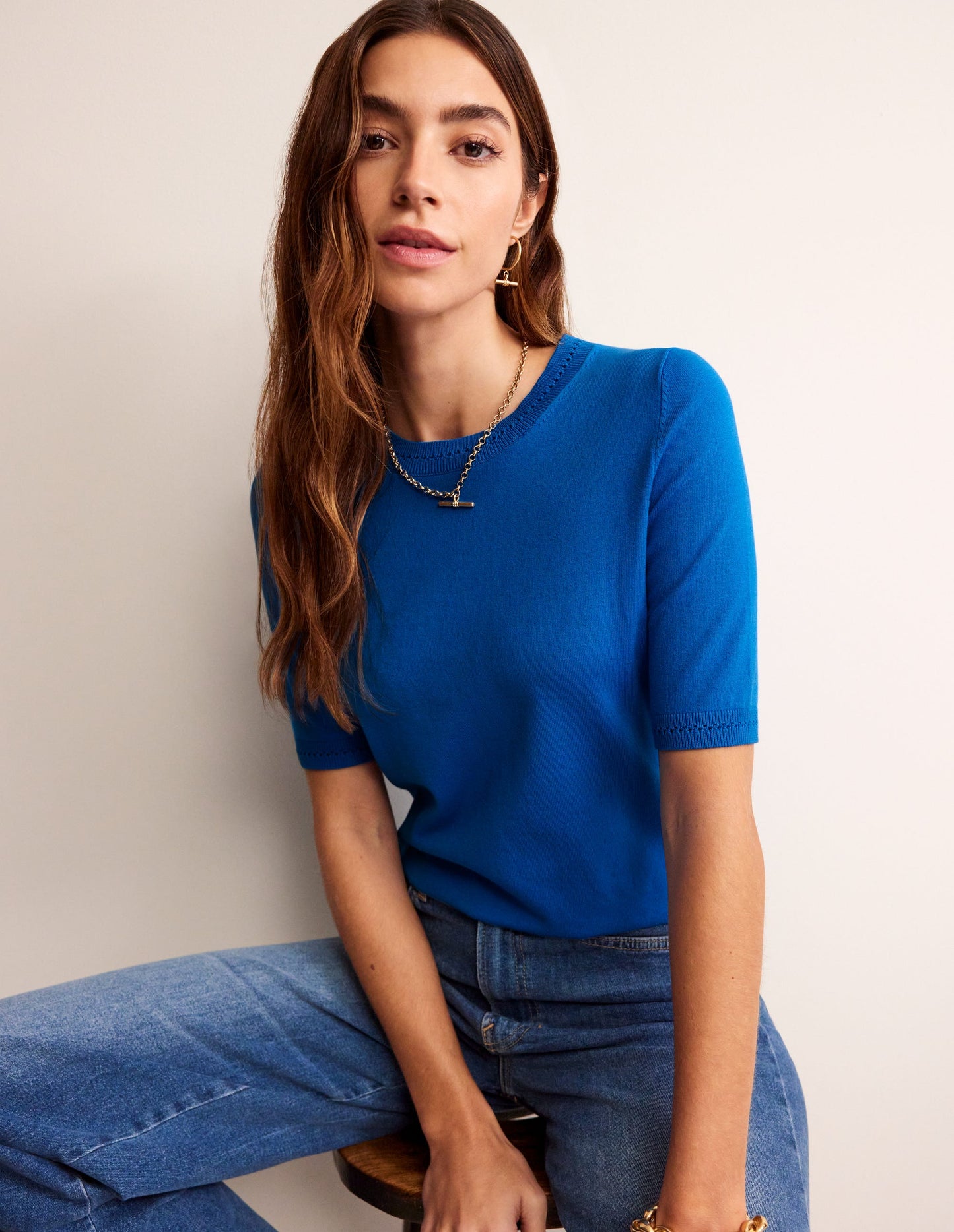 Catriona Cotton Crew T-Shirt-Bright Cyan Blue