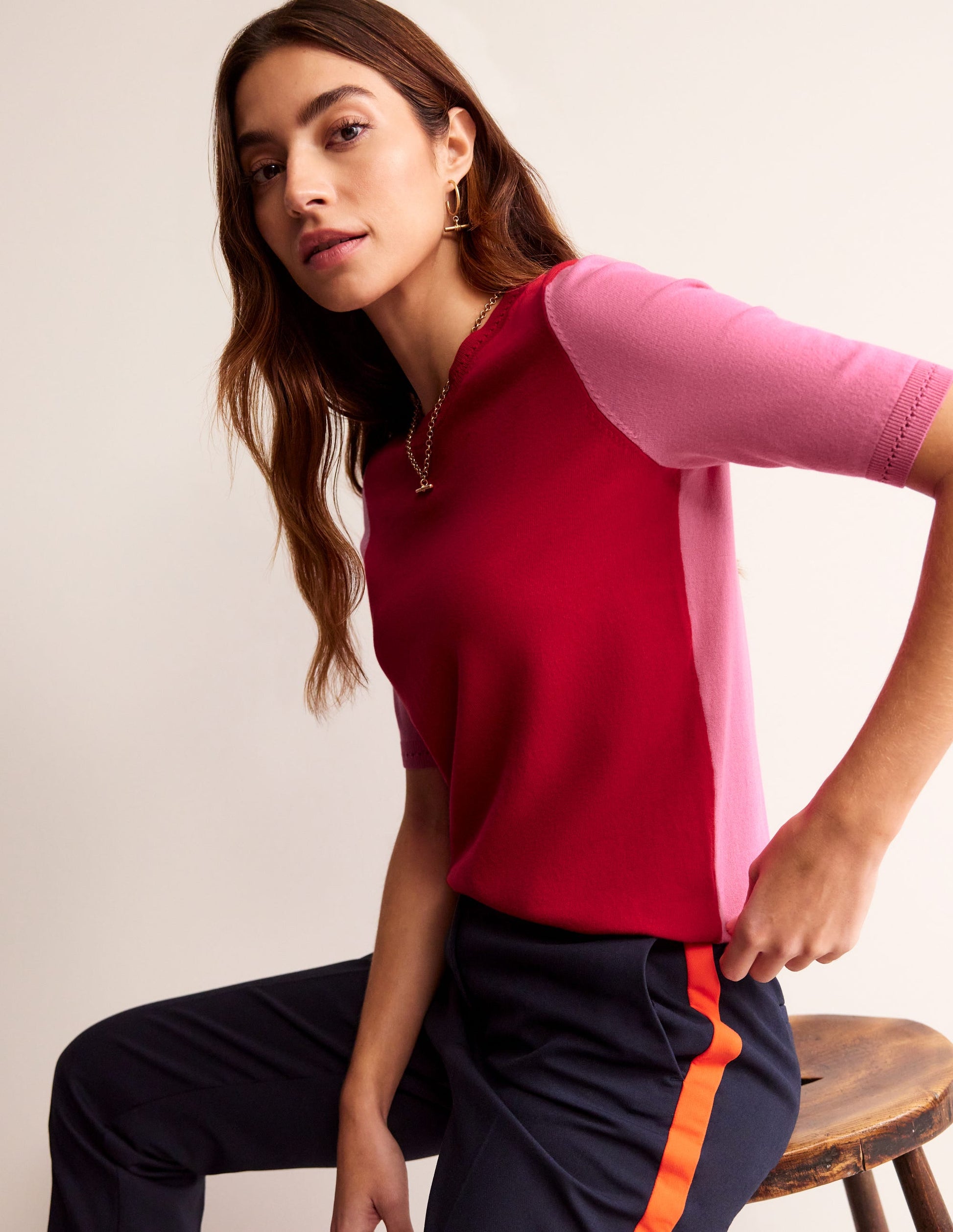 Catriona Cotton Crew T-Shirt-Post Box Red/ Party Pink-4