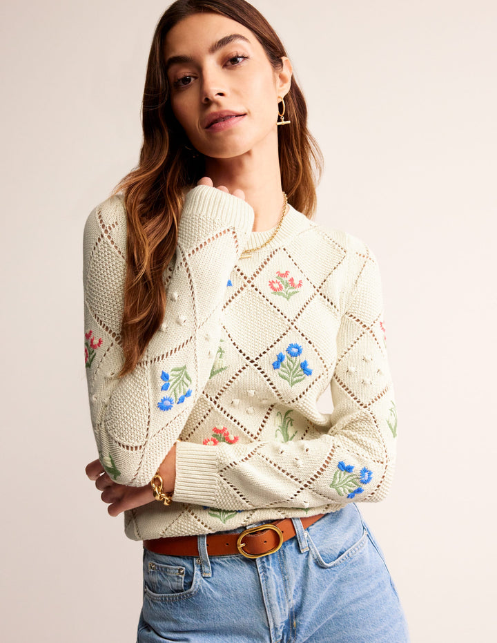 Cotton Embroidered Jumper-Warm Ivory
