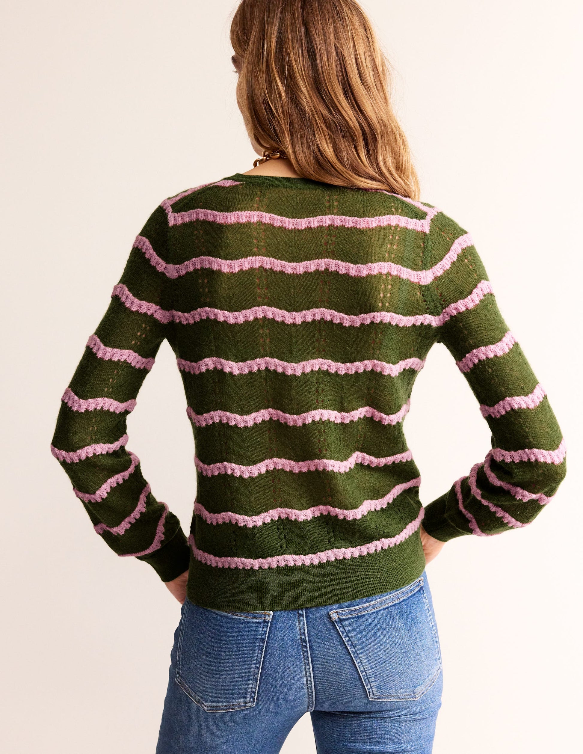 Fluffy Pointelle Stitch Jumper-Green, Spring Blossom Pink-3