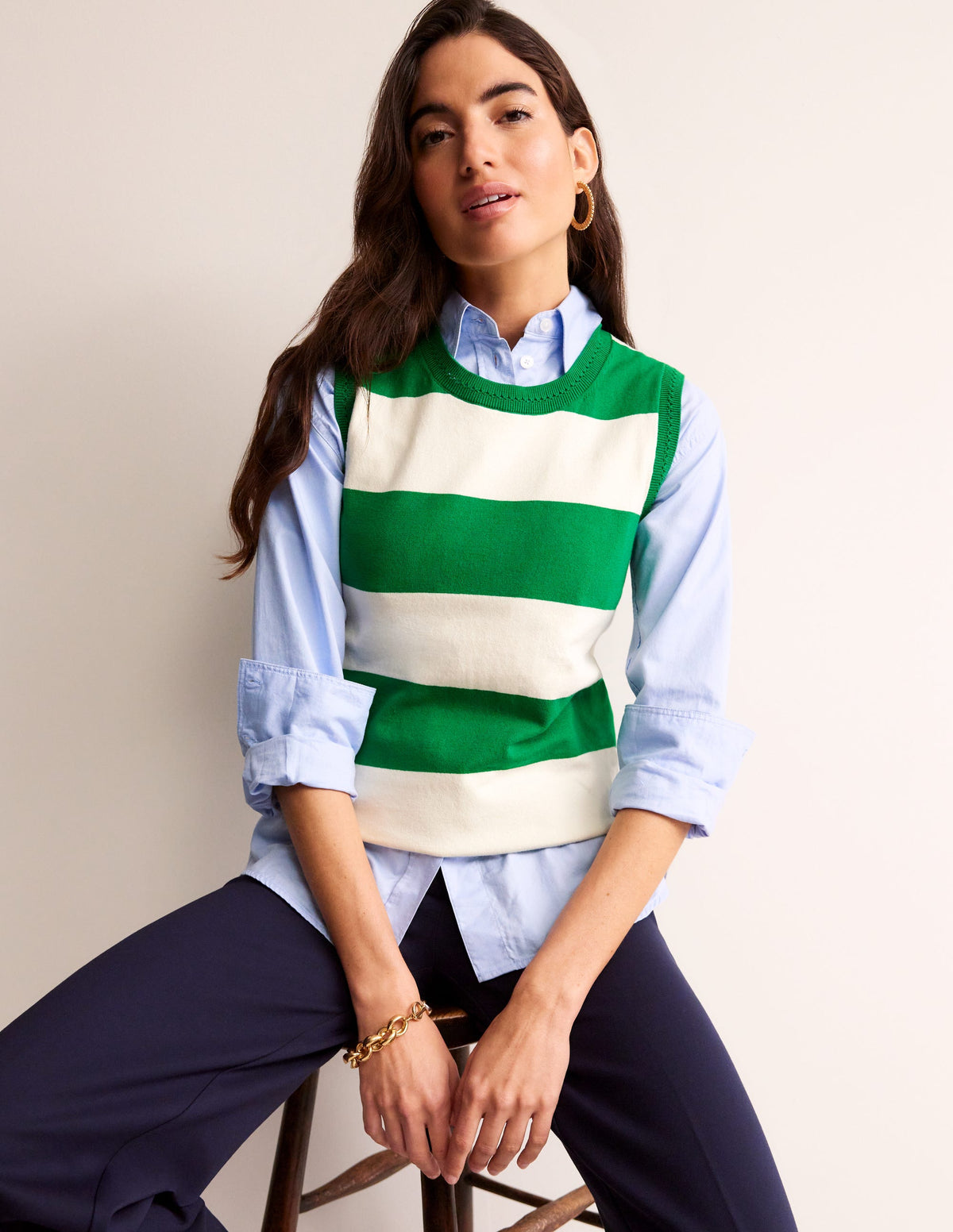 Catriona Crew Neck Cotton Tank-Rich Emerald / Ivory - Image 1