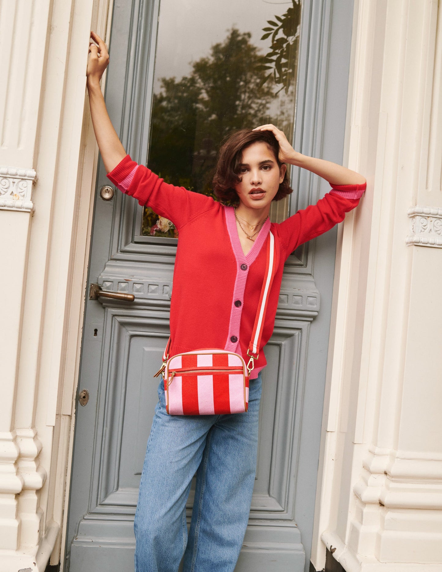 Alma Contrast Trim Cardigan-Post Box Red, Party Pink