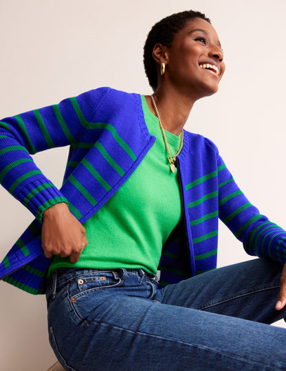 Cotton Breton Cardigan-Bright Blue, Green Stripe-1