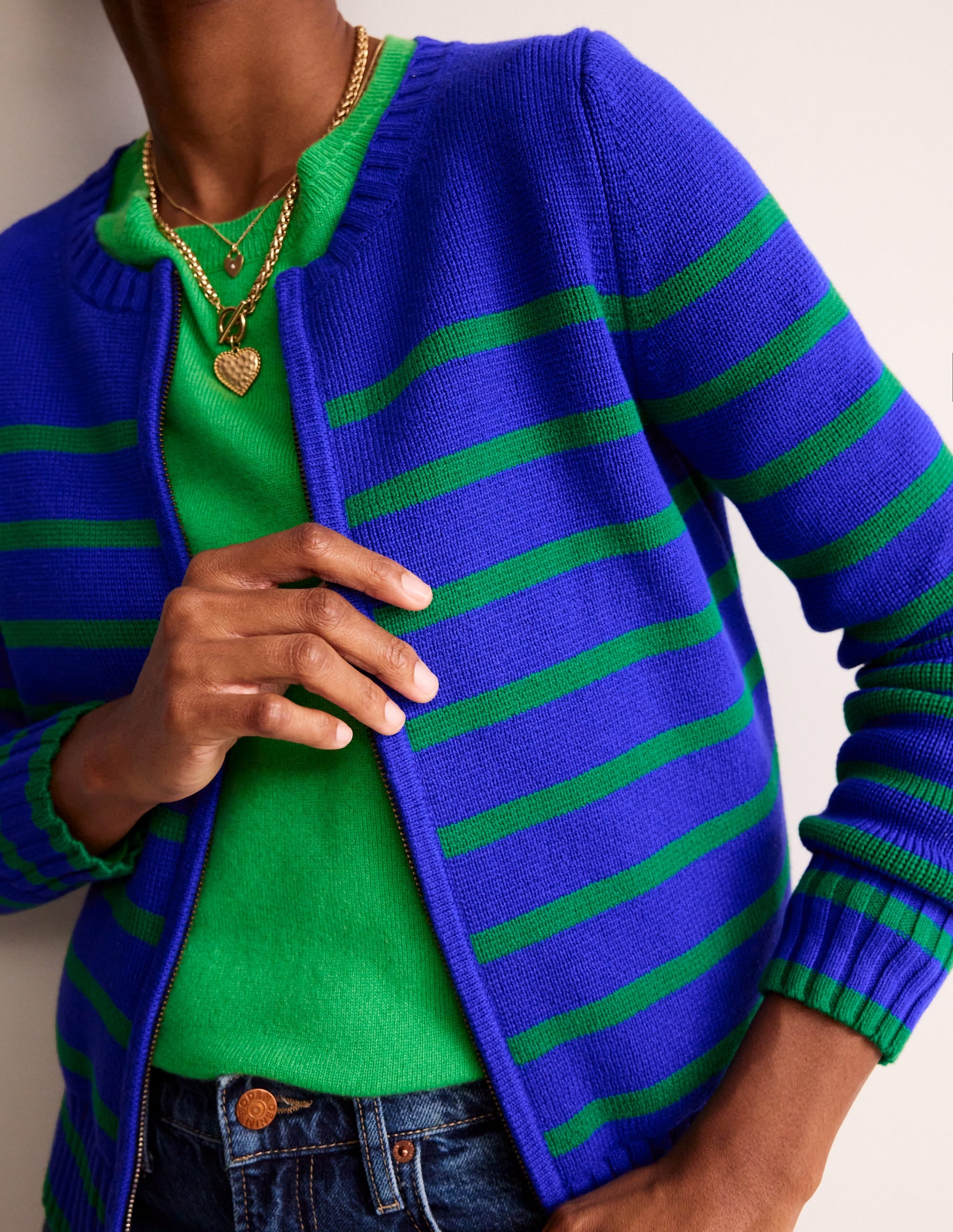 Cotton Breton Cardigan-Bright Blue, Green Stripe - Image 2