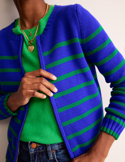 Cotton Breton Cardigan-Bright Blue, Green Stripe-2