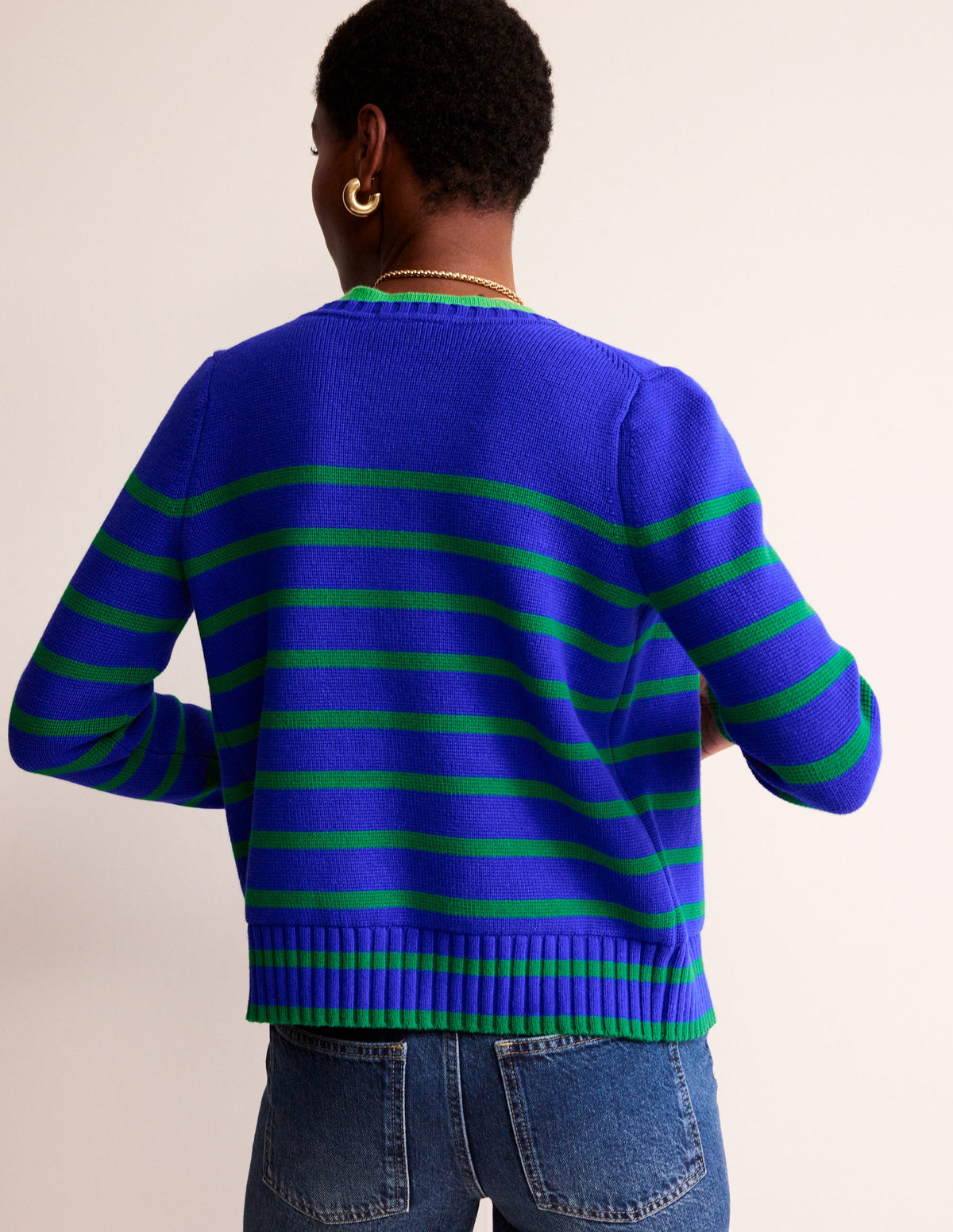 Cotton Breton Cardigan-Bright Blue, Green Stripe - Image 3