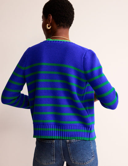 Cotton Breton Cardigan-Bright Blue, Green Stripe-3