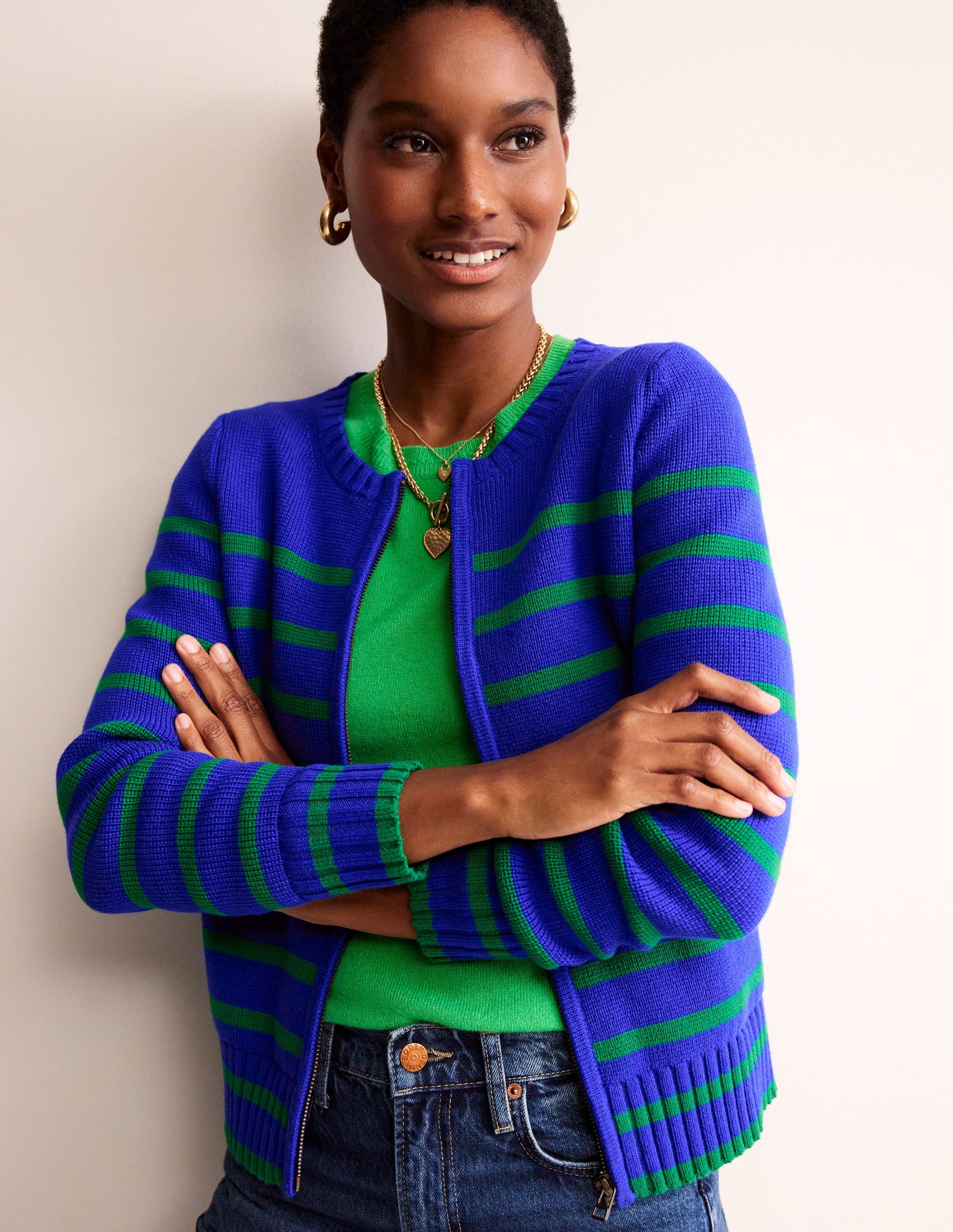 Cotton Breton Cardigan-Bright Blue, Green Stripe-5