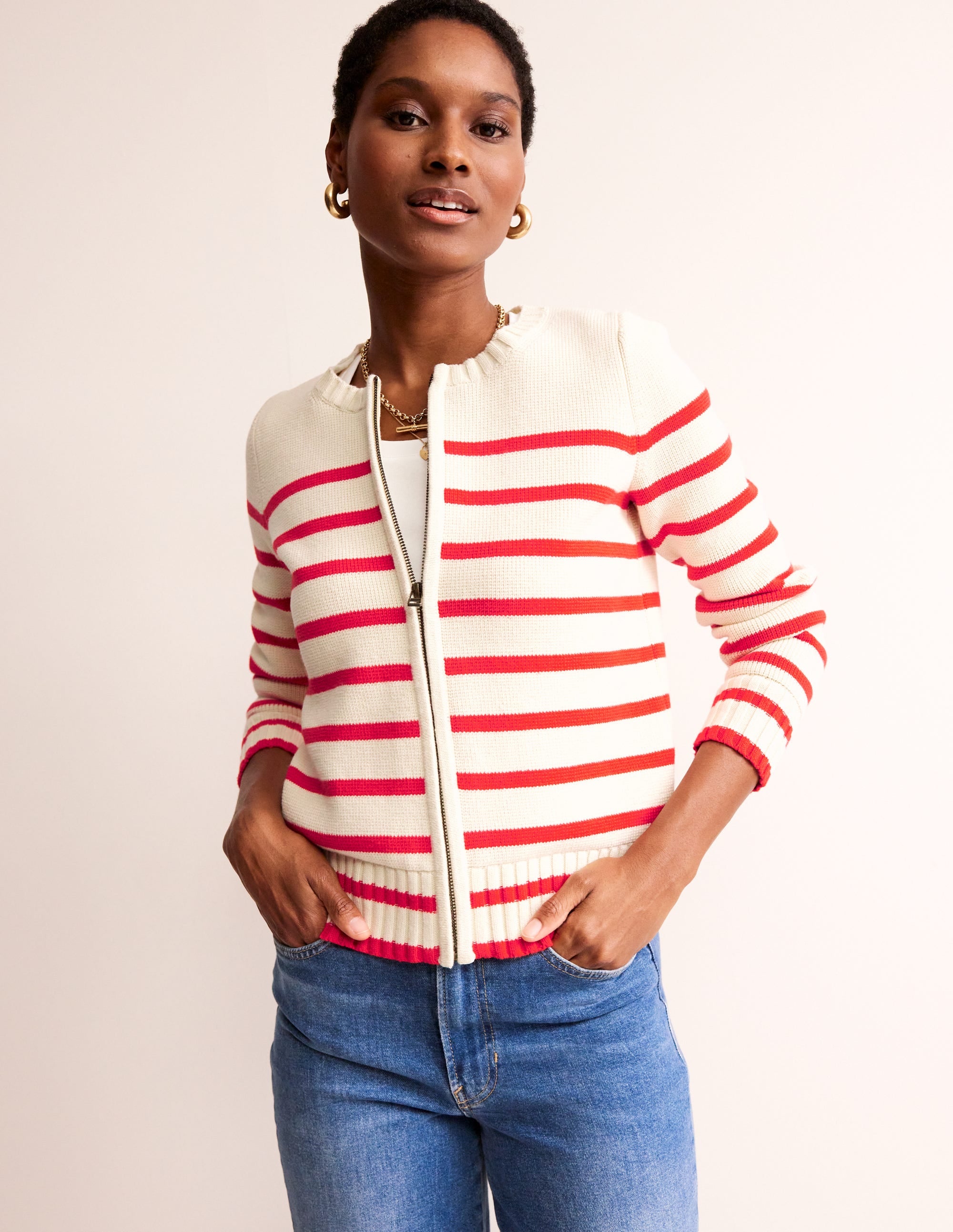 Cotton Breton Cardigan-Warm Ivory, Post Box Red - Image 1