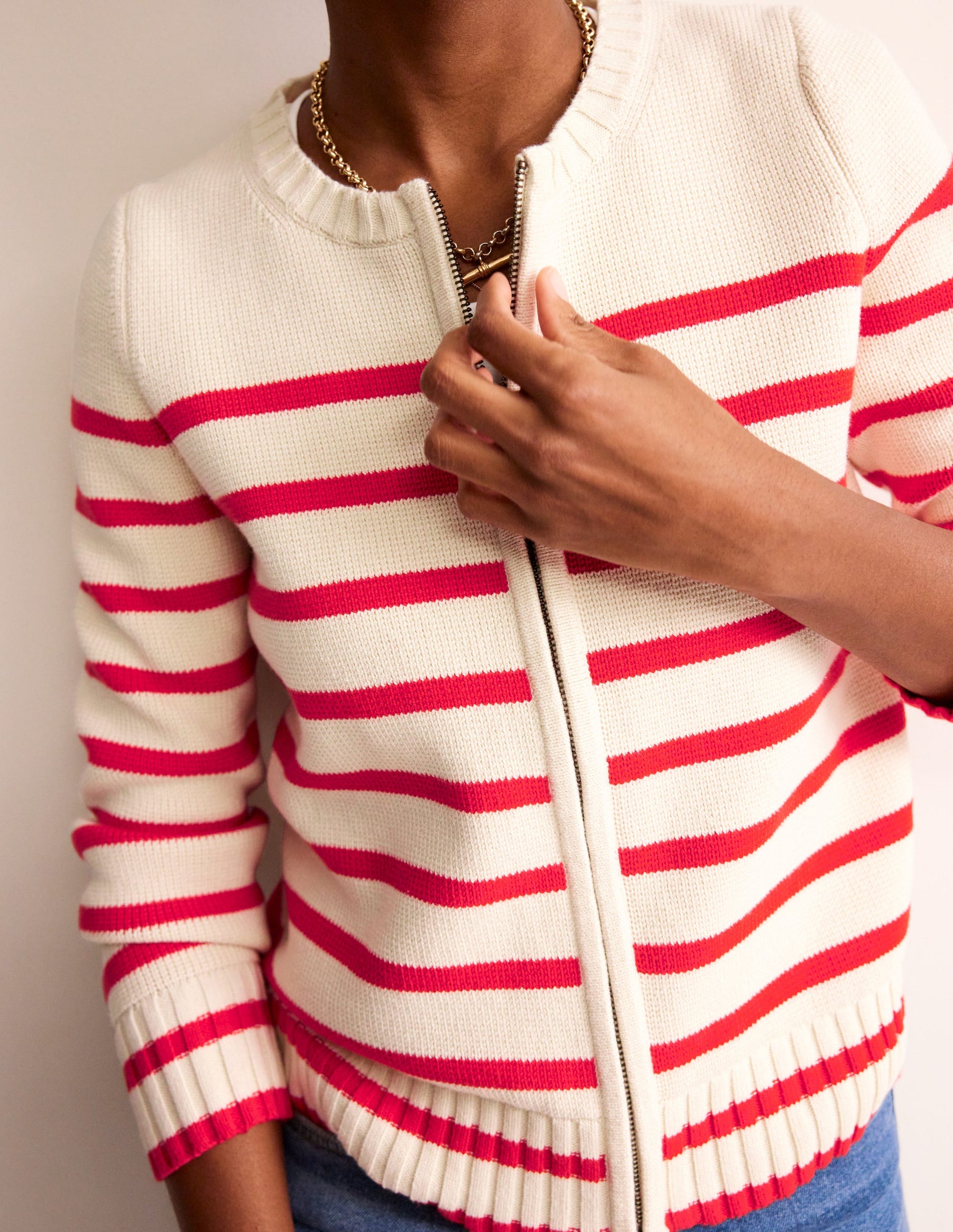 Cotton Breton Cardigan-Warm Ivory, Post Box Red-2