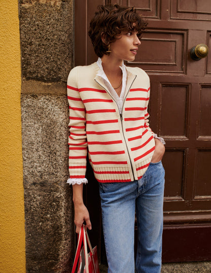 Cotton Breton Cardigan-Warm Ivory, Post Box Red-5