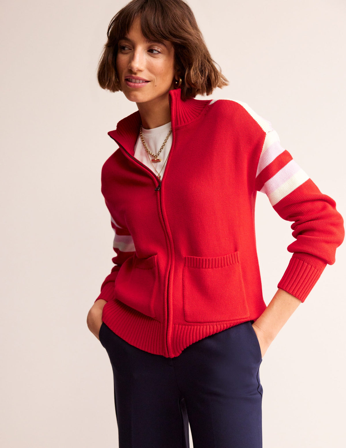 Knitted Zip-up Cardigan-Post Box Red, Ivory Stripe - Image 2