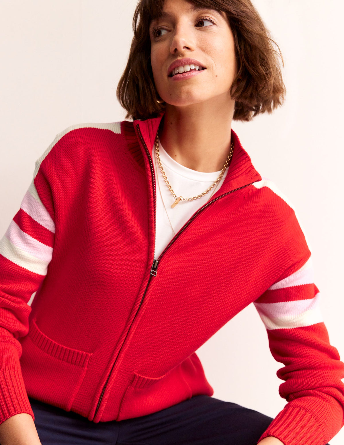 Knitted Zip-up Cardigan-Post Box Red, Ivory Stripe-4