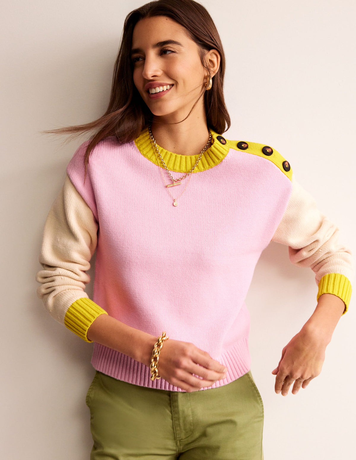 Hotch Potch Cotton Jumper-Blossom Pink, Warm Ivory - Image 1