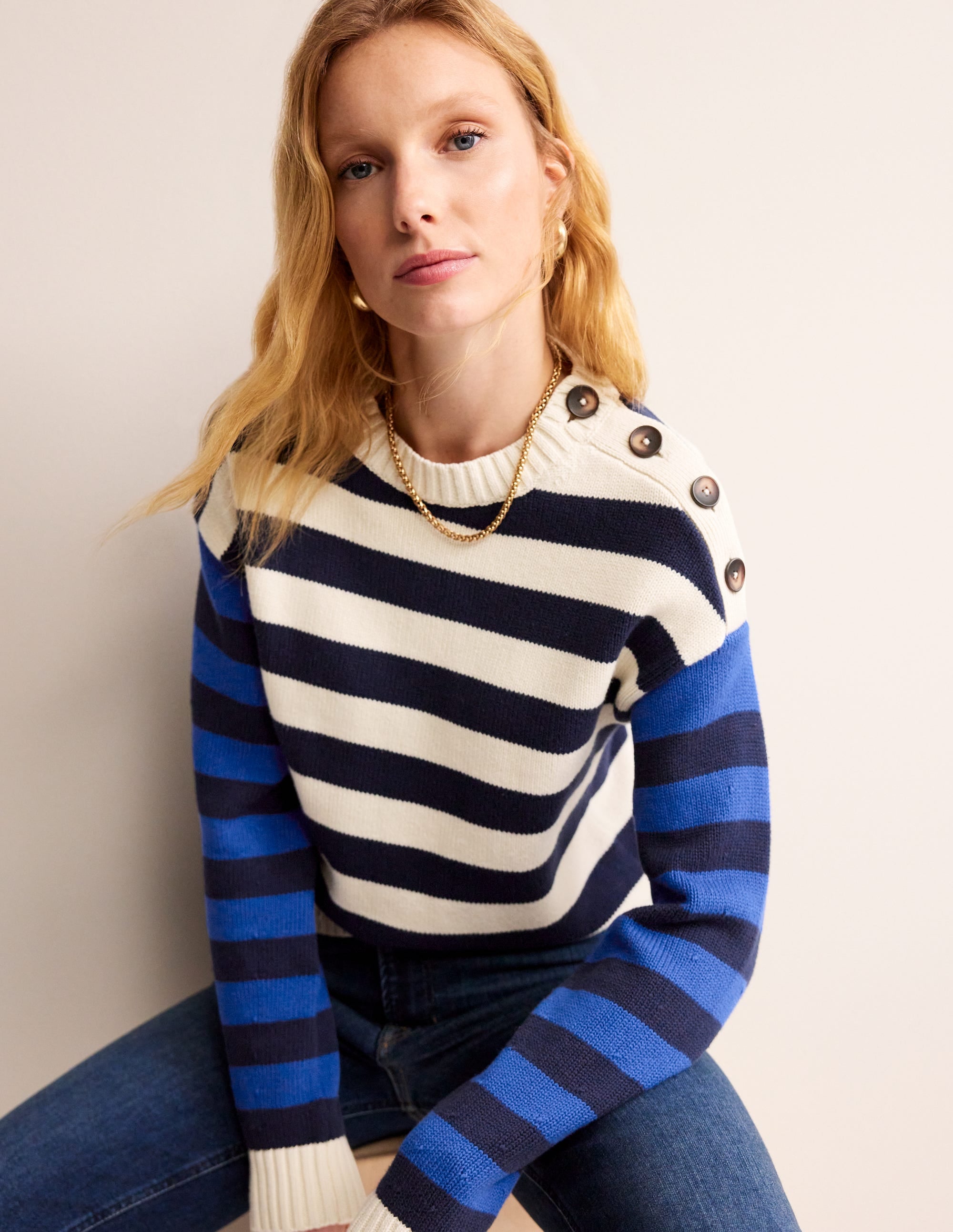 Hotch Potch Cotton Jumper-Naval Academy, Ivory Stripe - Image 1