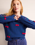Hand Embroidered Jumper-Blue Decadence, Cherries