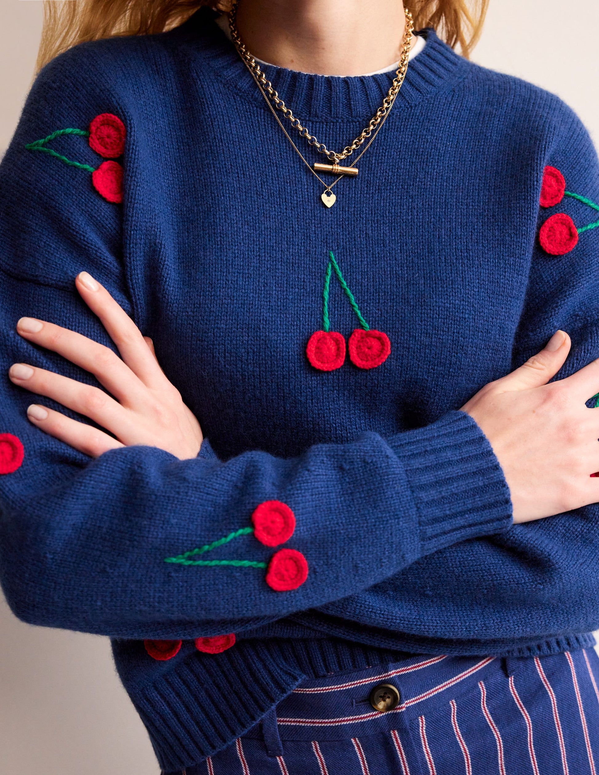 Hand Embroidered Jumper-Blue Decadence, Cherries-2