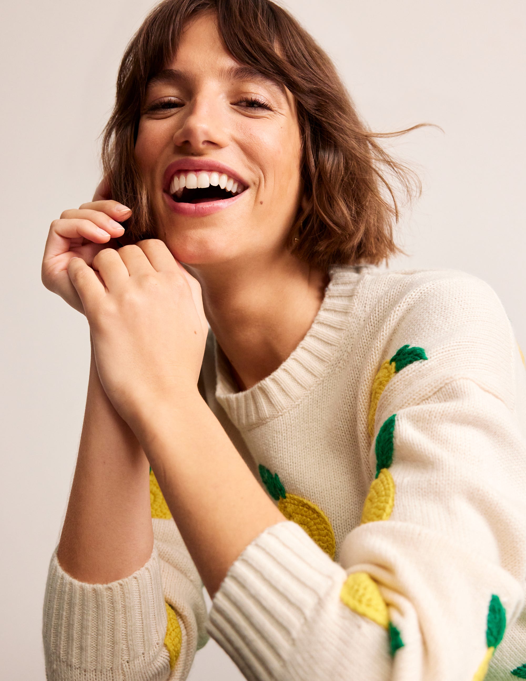 Hand Embroidered Jumper-Warm Ivory, Lemons - Image 1