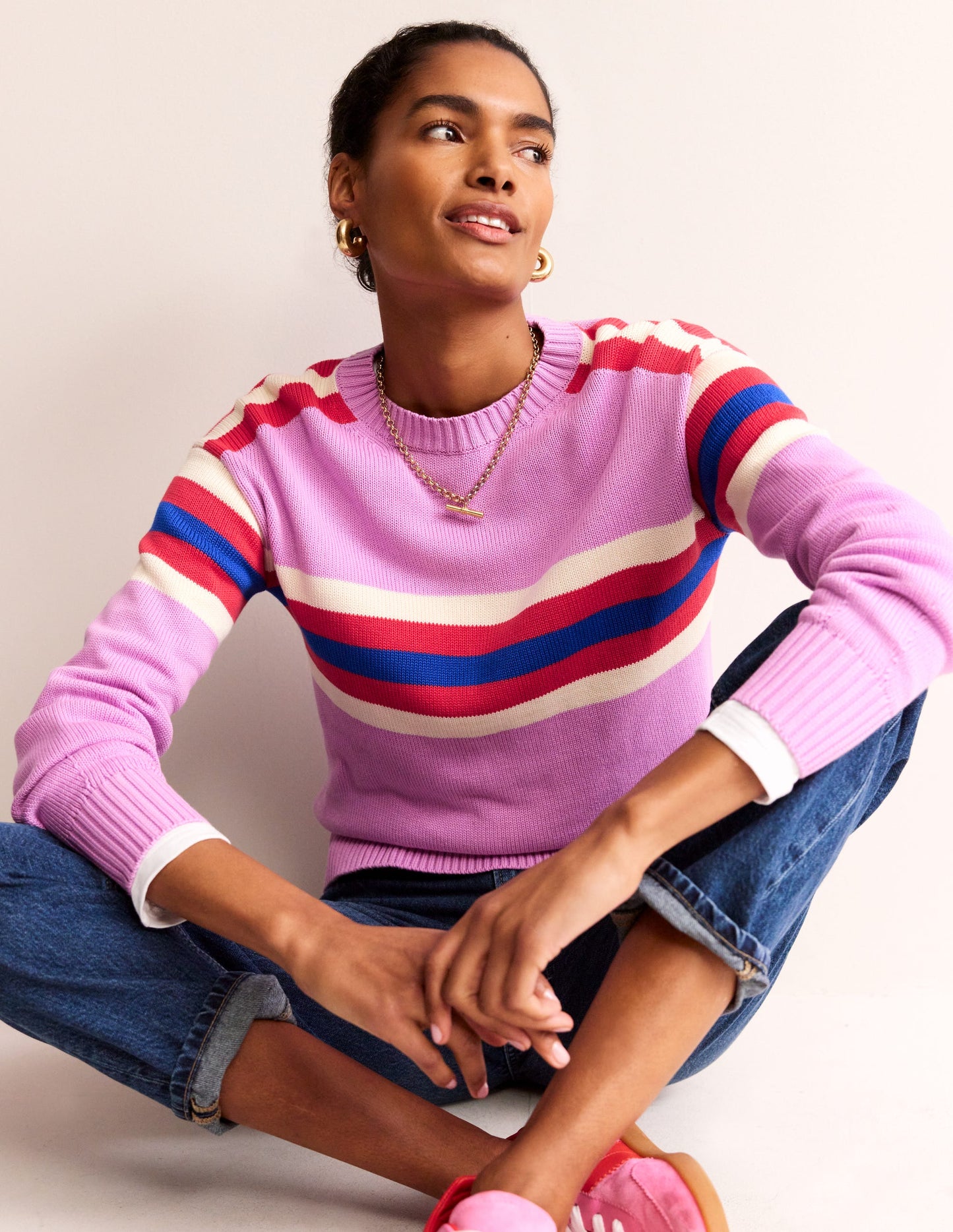 Stripe Knitted Jumper-Lilac, Warm Ivory, Red Stripe