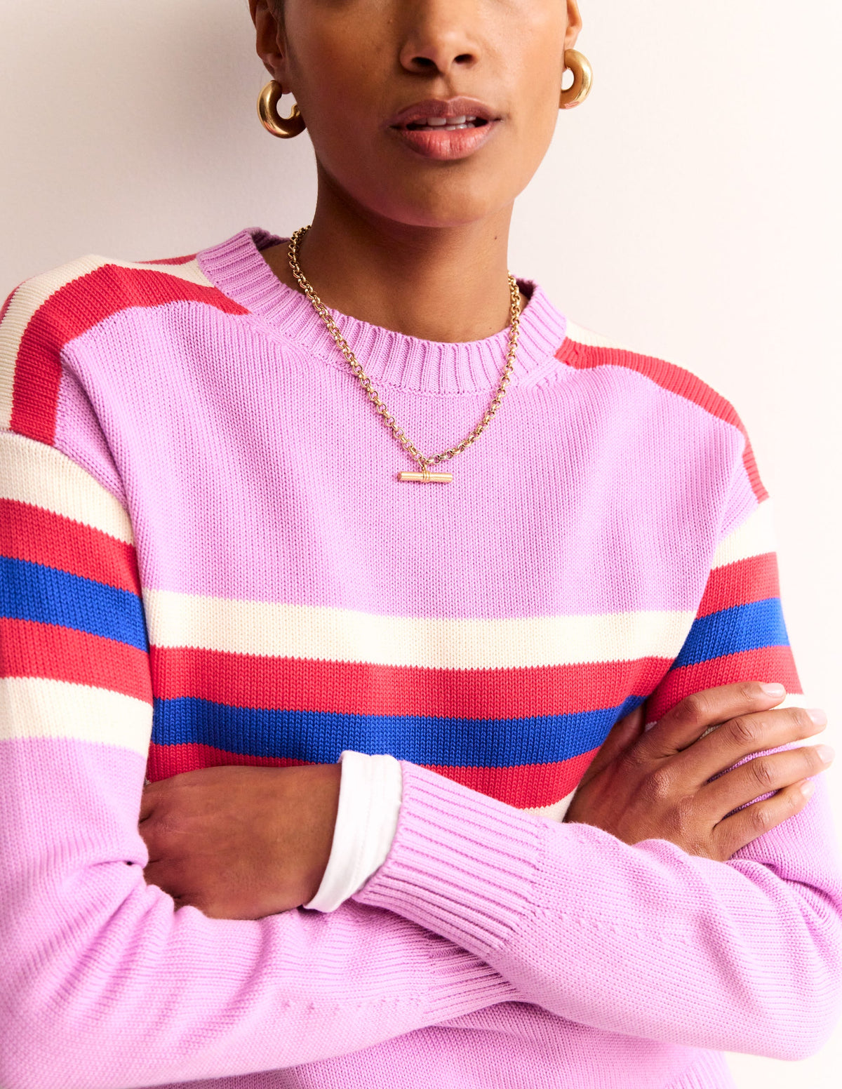 Stripe Knitted Jumper-Lilac, Warm Ivory, Red Stripe - Image 2