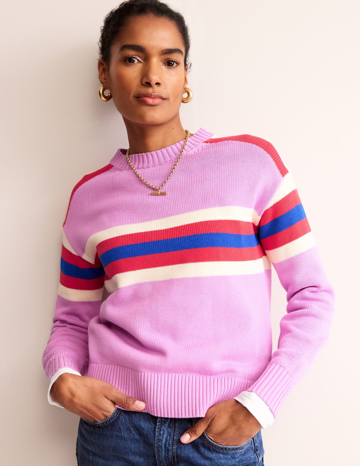 Stripe Knitted Jumper-Lilac, Warm Ivory, Red Stripe