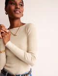 Cotton Rib Boat Neck Jumper-Gold Metallic