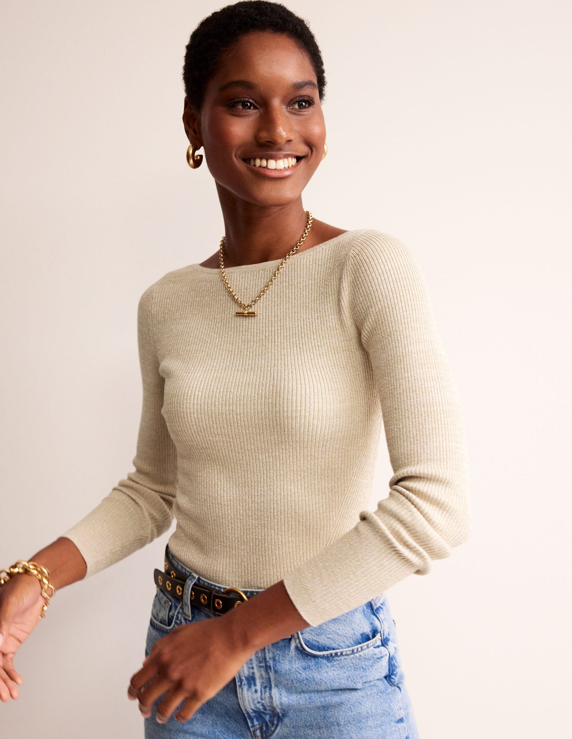 Cotton Rib Boat Neck Jumper-Gold Metallic-2