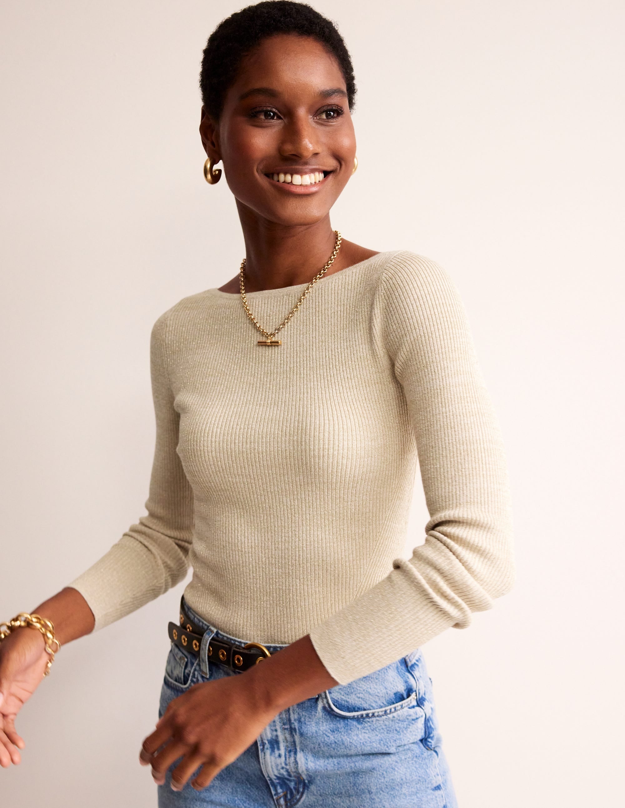 Cotton Rib Boat Neck Jumper-Gold Metallic - Image 2