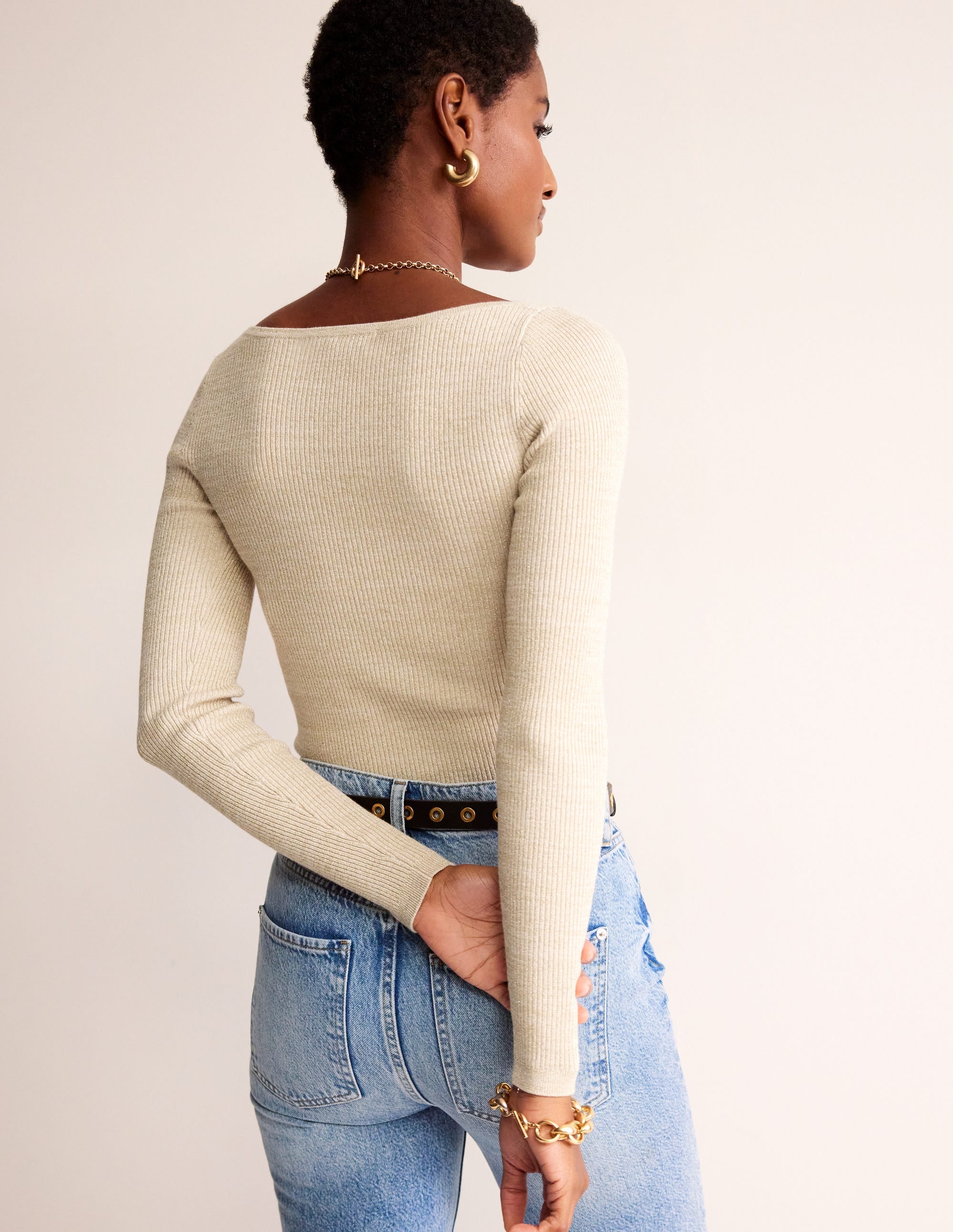 Cotton Rib Boat Neck Jumper-Gold Metallic - Image 3