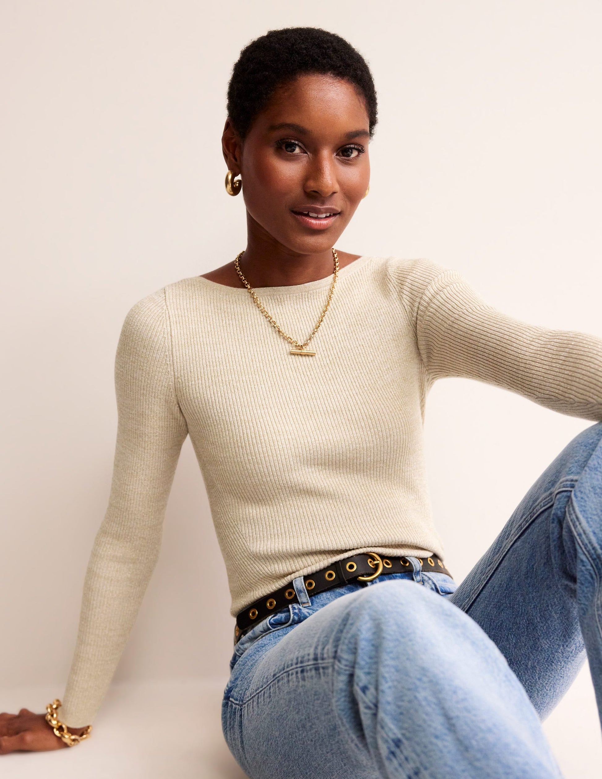Cotton Rib Boat Neck Jumper-Gold Metallic-4