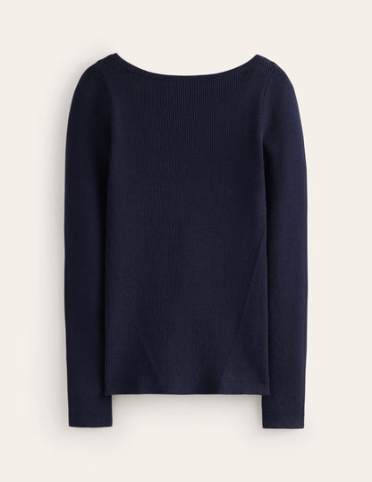 Cotton Rib Boat Neck Jumper-Navy-5