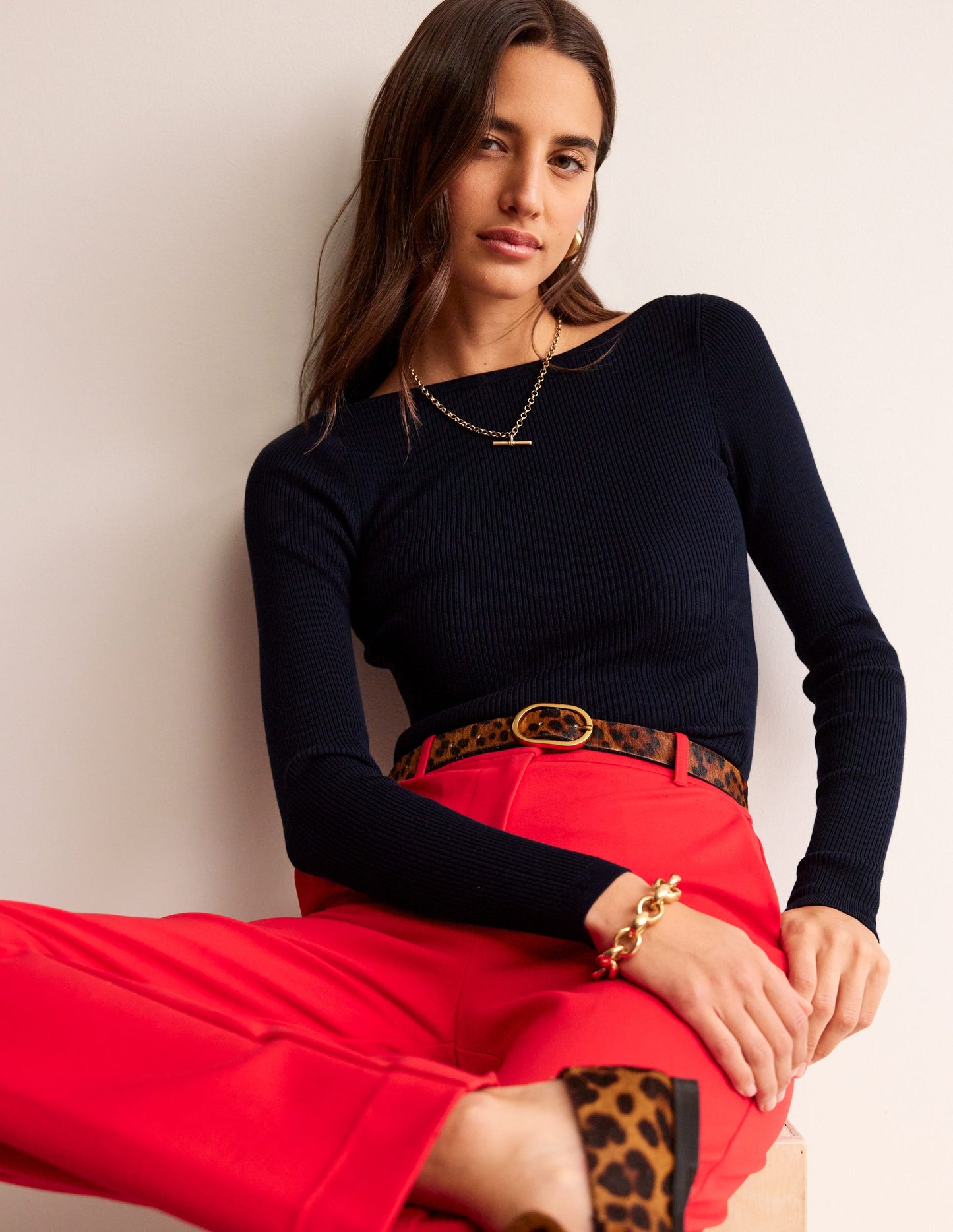 Cotton Rib Boat Neck Jumper-Navy