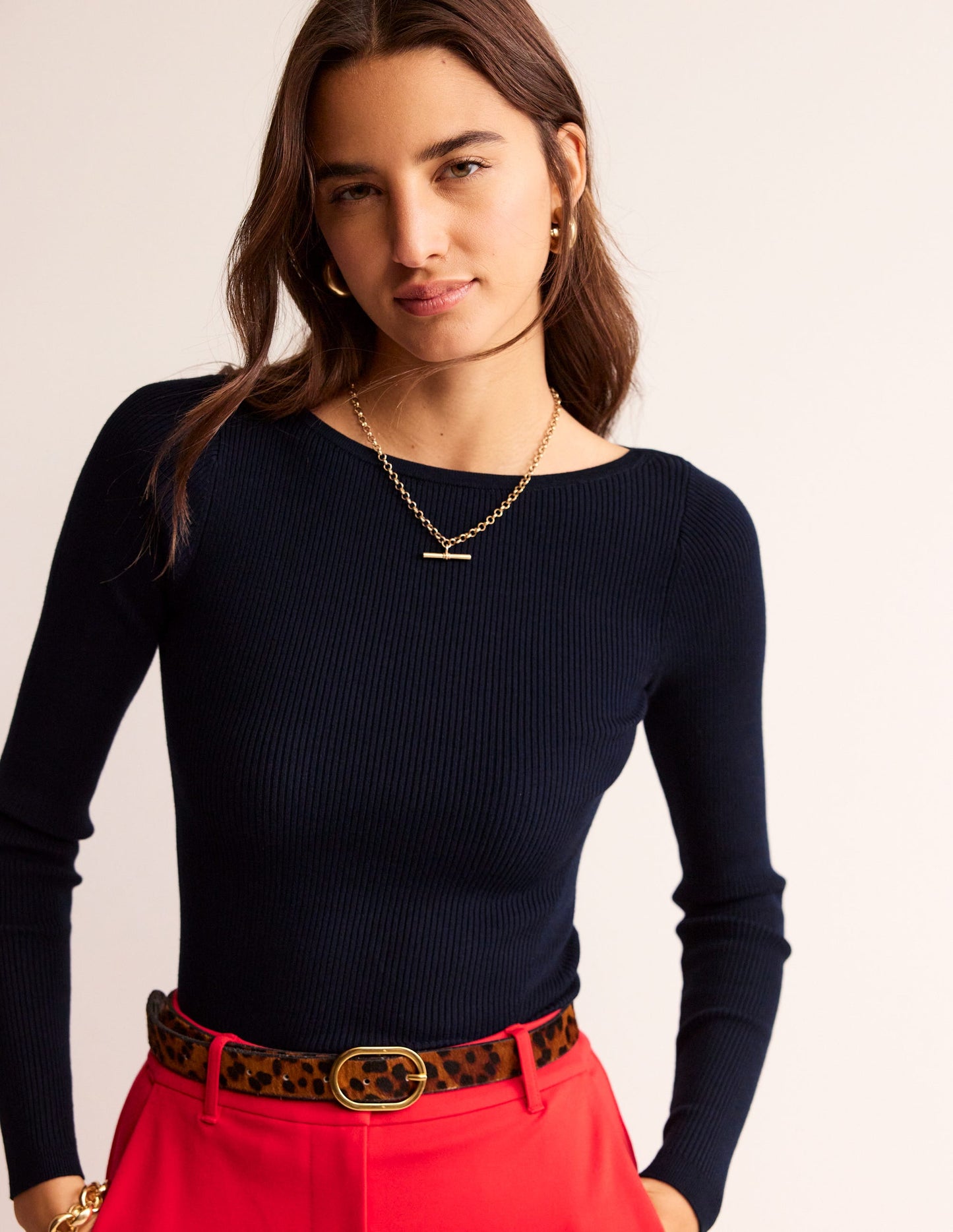 Cotton Rib Boat Neck Jumper-Navy