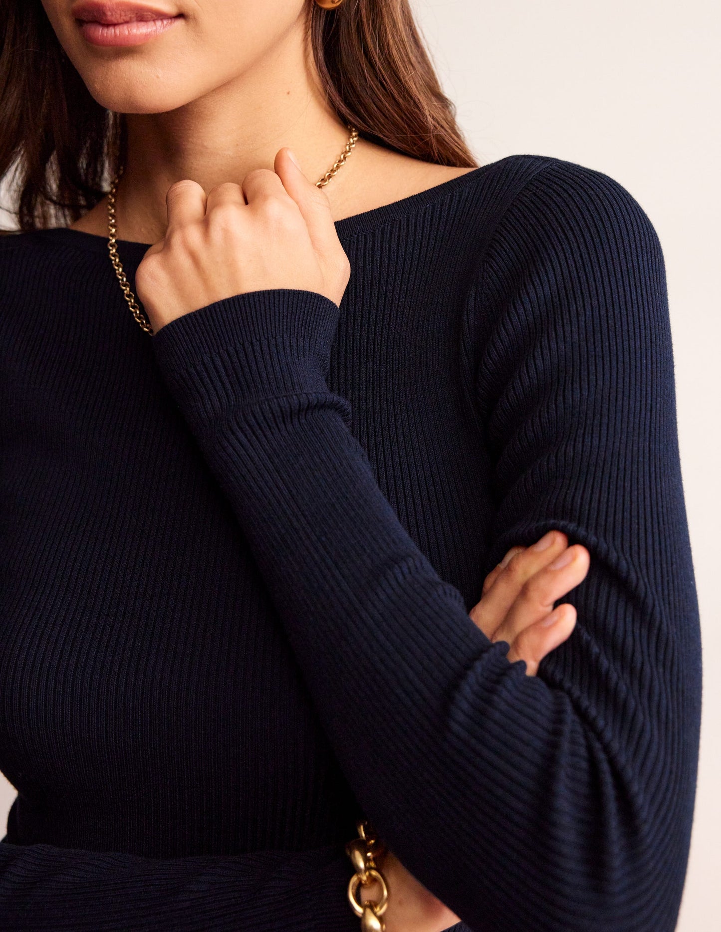 Cotton Rib Boat Neck Jumper-Navy