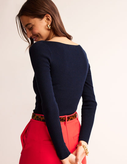 Cotton Rib Boat Neck Jumper-Navy-4