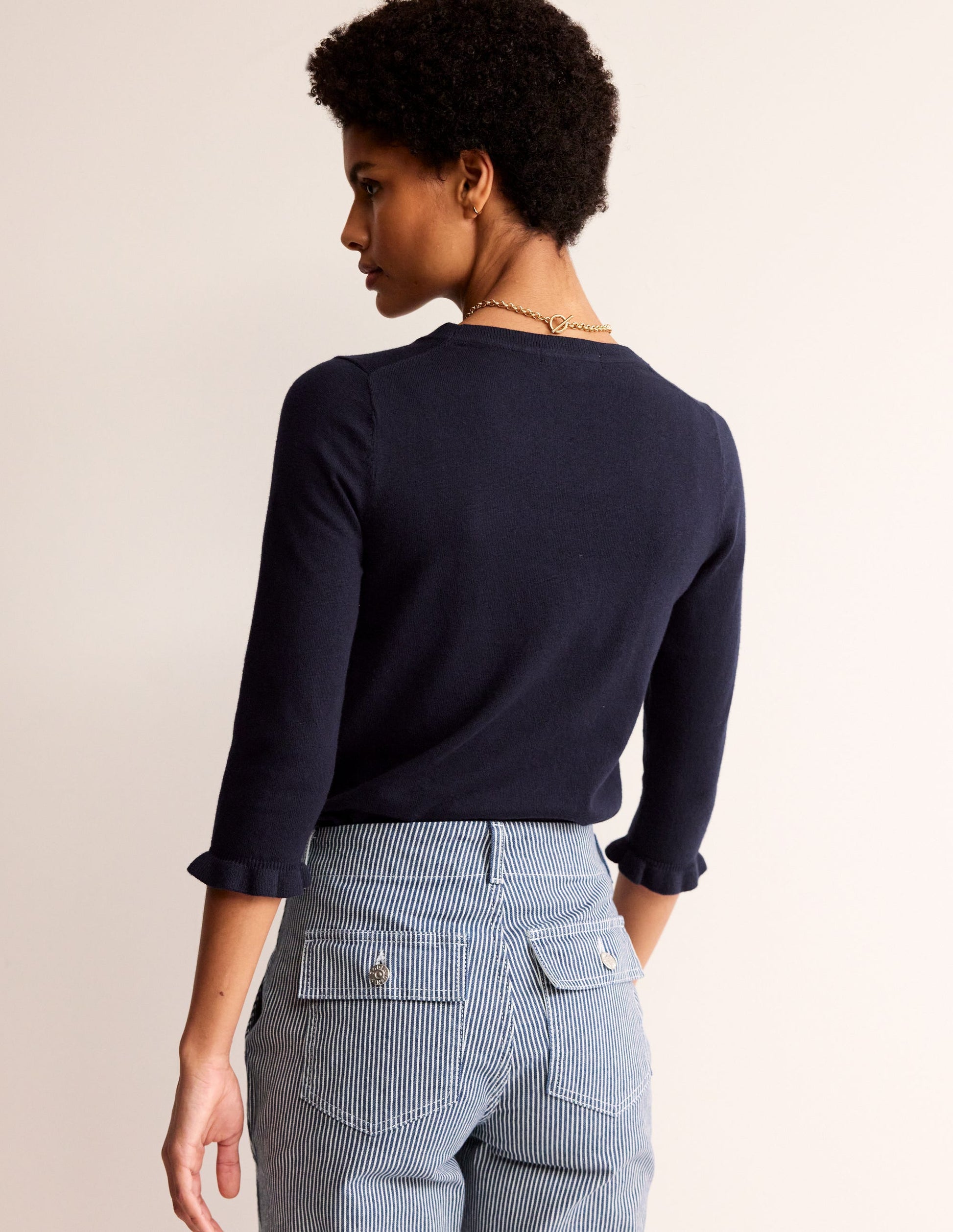 Cotton Merino Frill Jumper-Navy-3