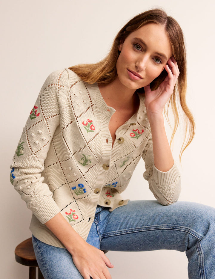 Cotton Embroidered Cardigan-Warm Ivory