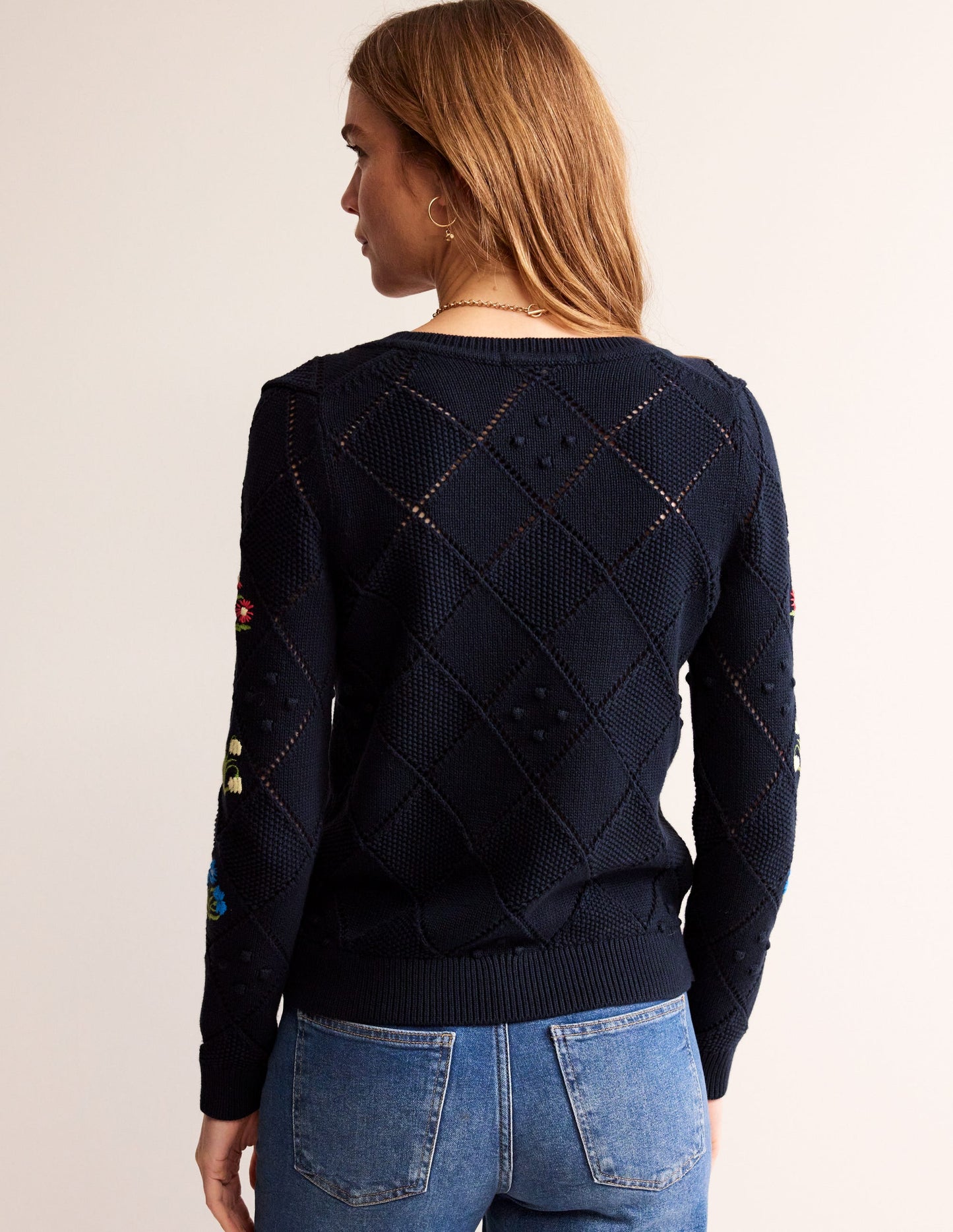 Cotton Embroidered Cardigan-Navy