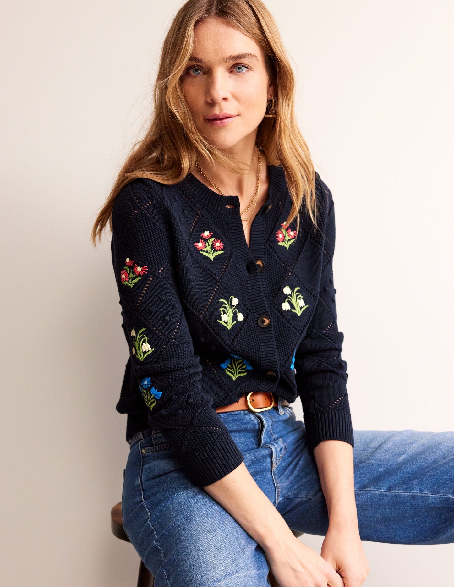 Cotton Embroidered Cardigan-Navy