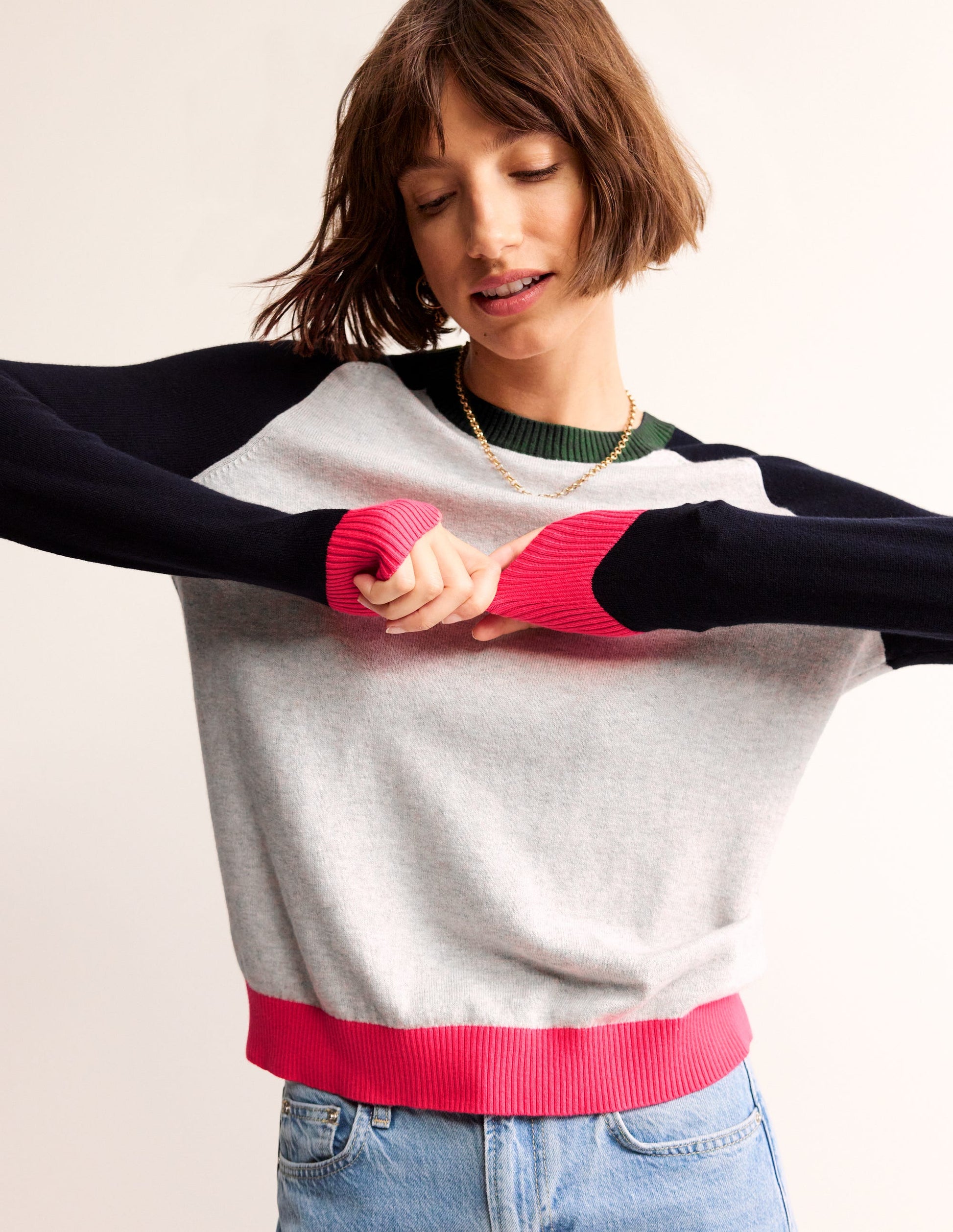 Meg Raglan Sleeve Jumper-Grey Melange, Colourblock-1