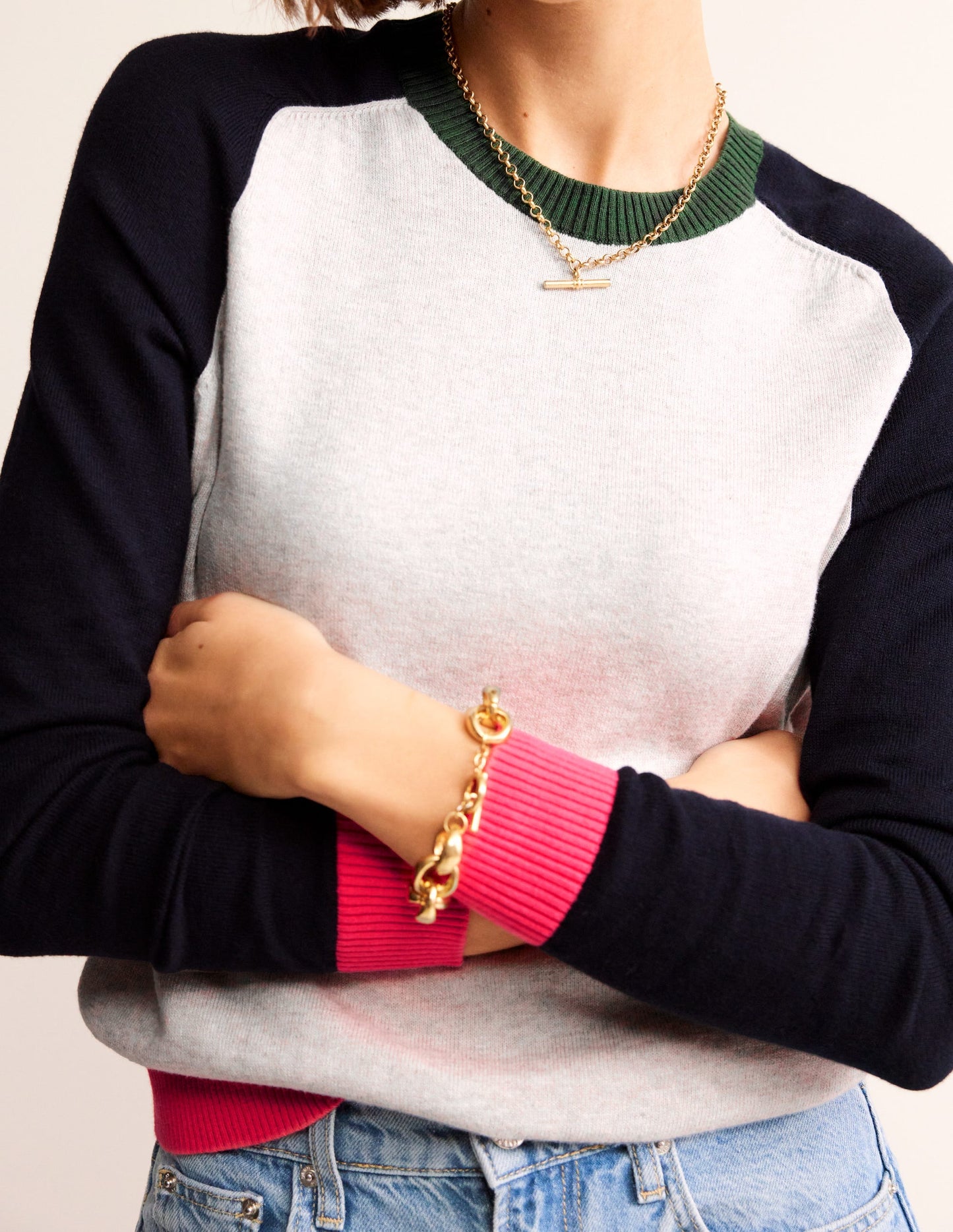 Meg Raglan Sleeve Jumper-Grey Melange, Colourblock