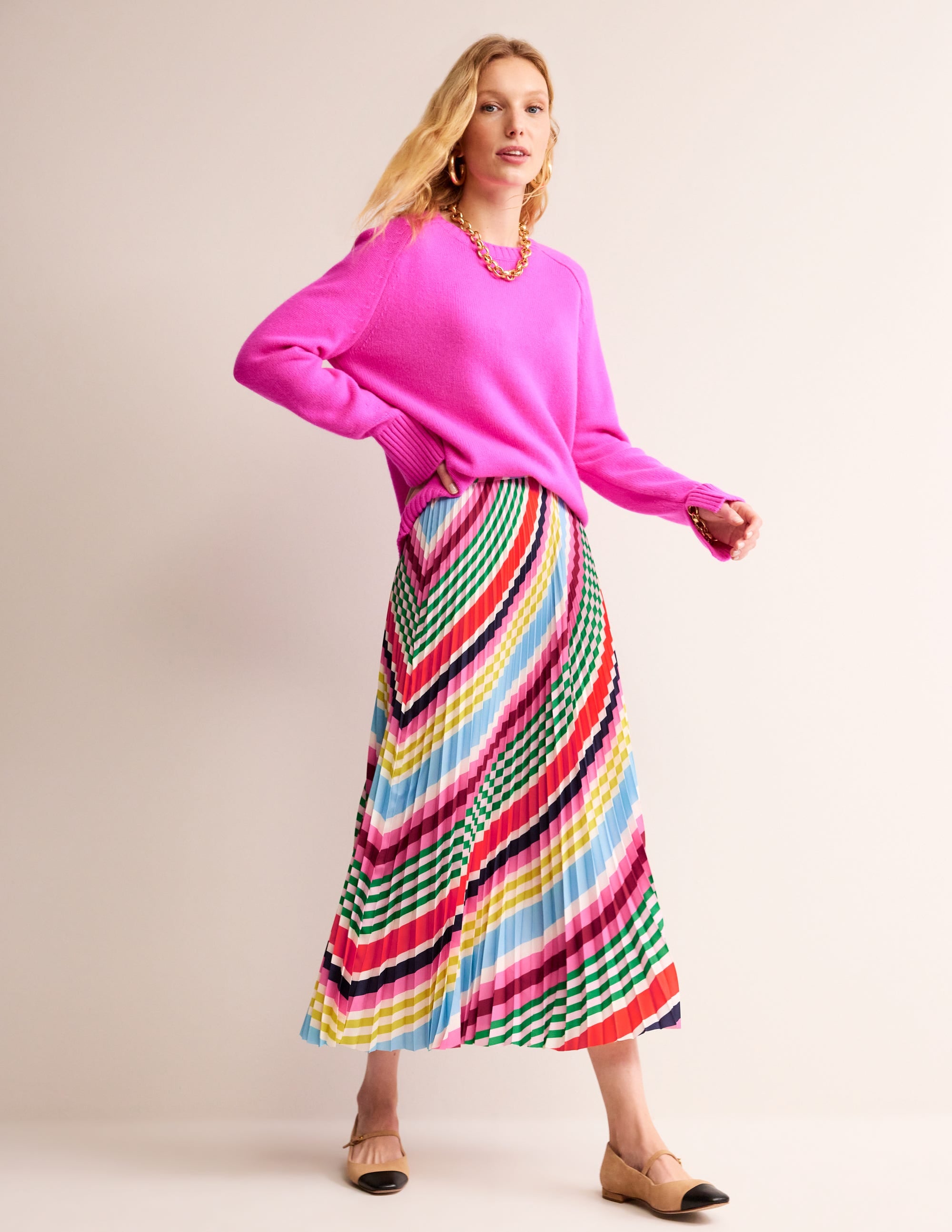 Pleated Midi Skirt-Varigated Multistripe - Image 1